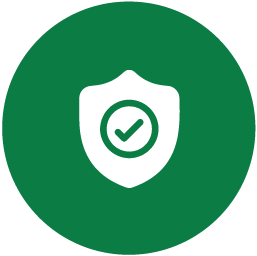 a green icon with a white shield. There is a green check mark in the middle of a circle in the middle of the shield.