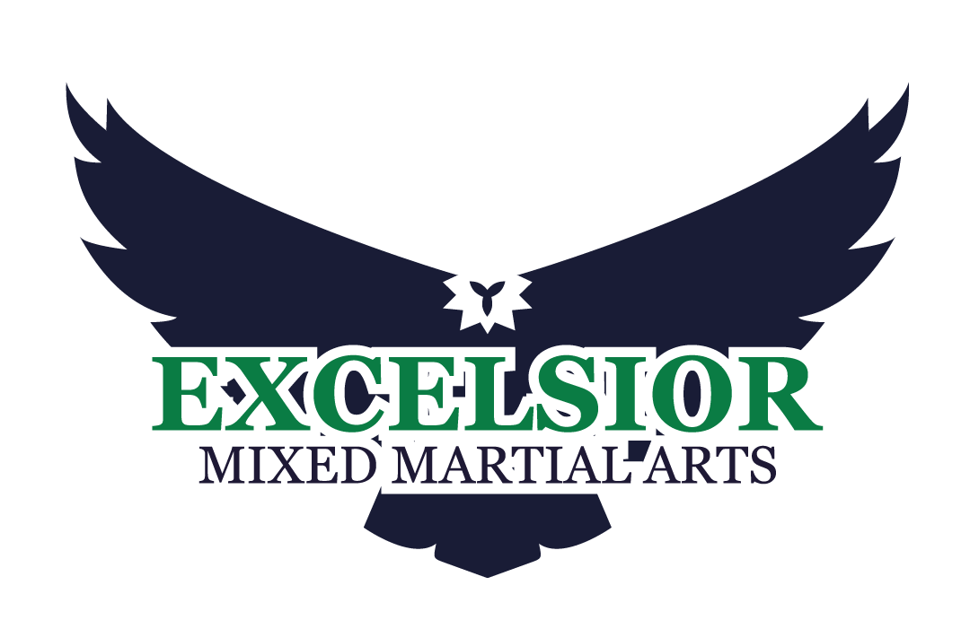 a vector icon of a blue, black eagle with a white outline with the words Excelsior Mixed Martial Arts